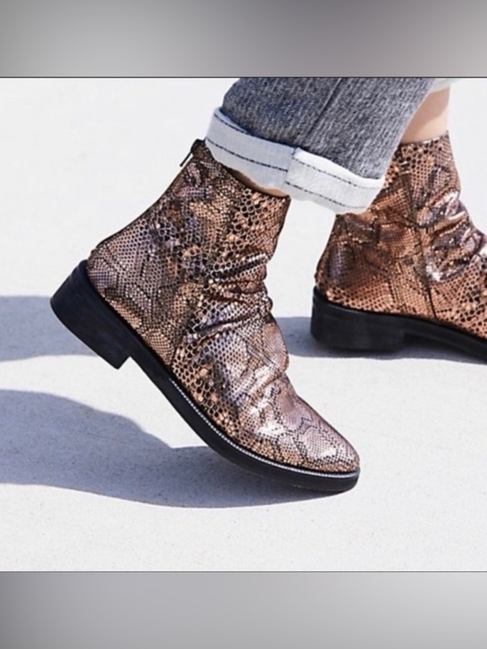 Free People Amarone Leather Metallic Bronze Snakeskin Ankle Boots Size 8